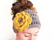 Heroine HEAD WRAP - Gray, Gold Flower, Silver Spiral Button, Fashion, Accessories, Thick, Crochet, Handmade, Women, Classy, Trendy, Hat.