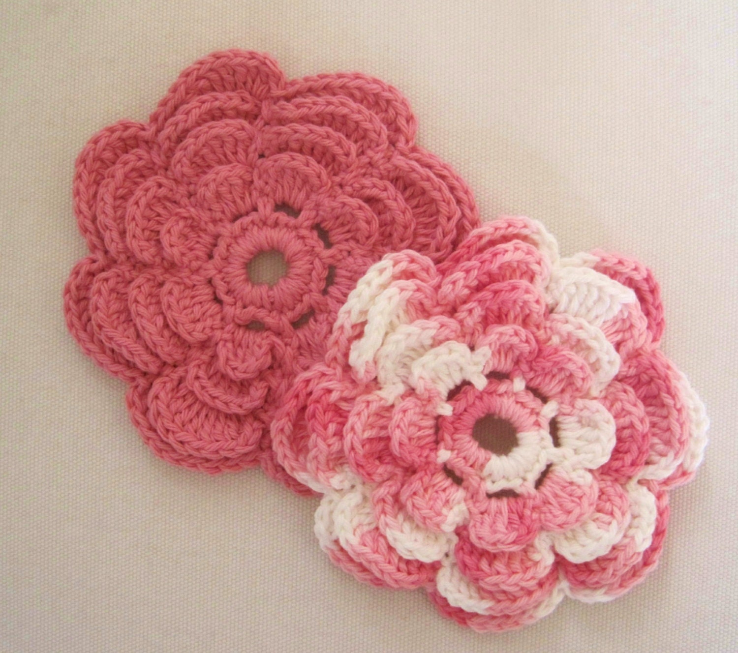2 Small Crocheted Round Dishcloths / Washcloths - Rose Petals