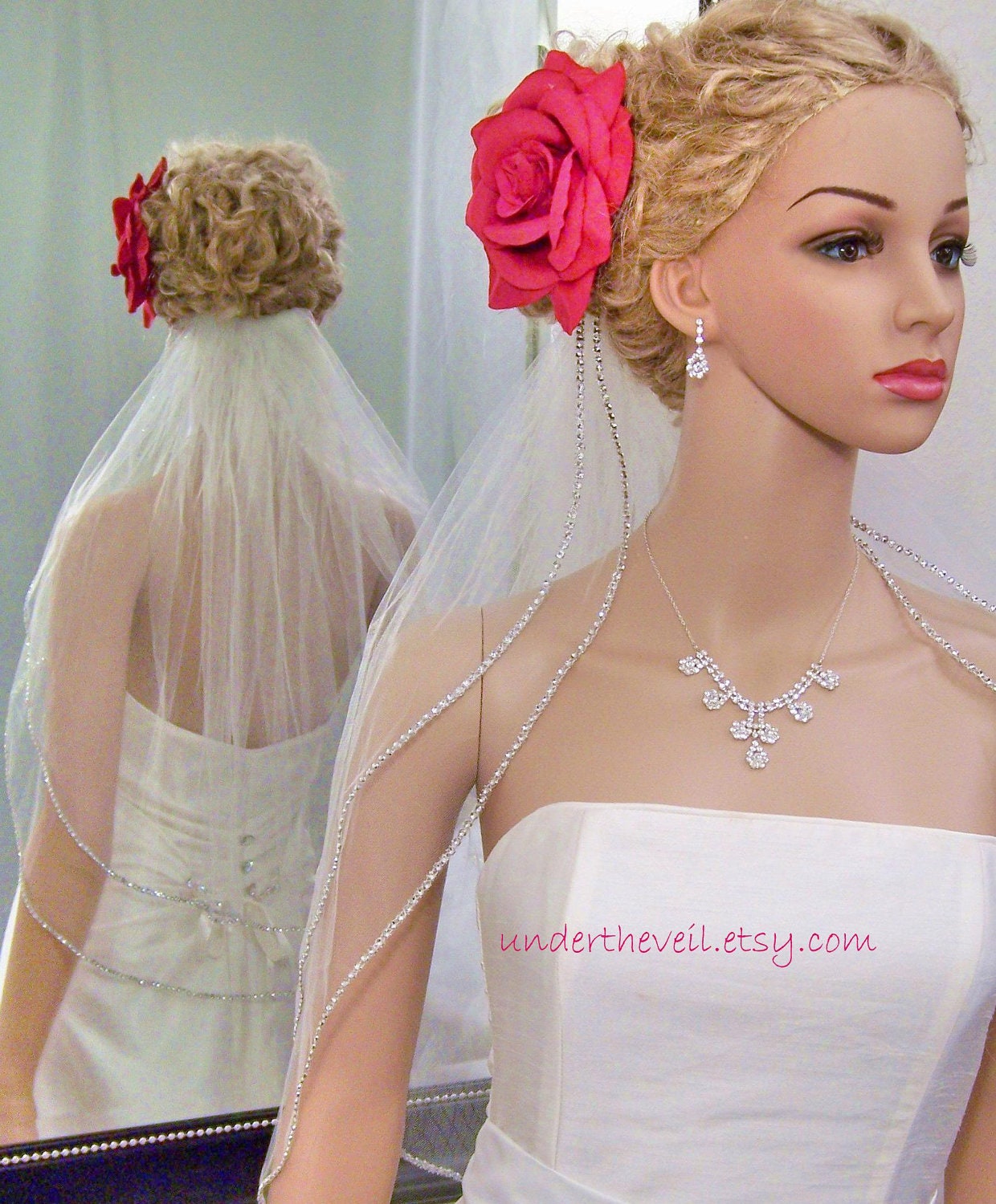 Rhinestone Edge Veil,  2-tier, Waist Length, Very beautiful FREE GARTER