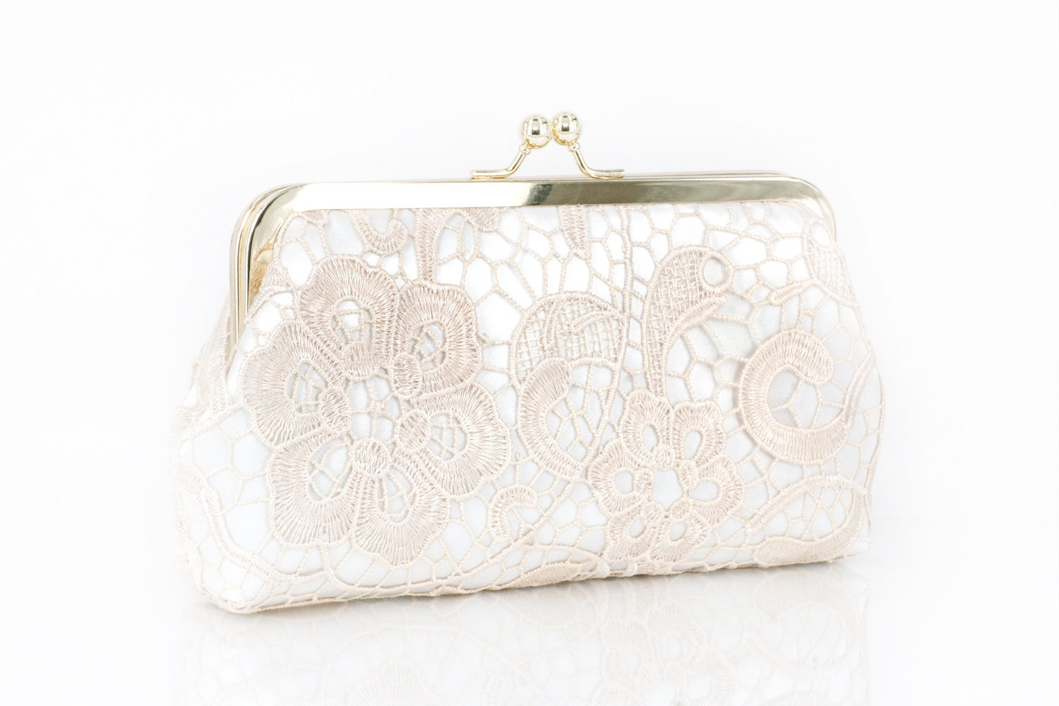 Bridal Champagne Lace Ivory Satin Clutch Gold Frame L'HERITAGE 8-inch