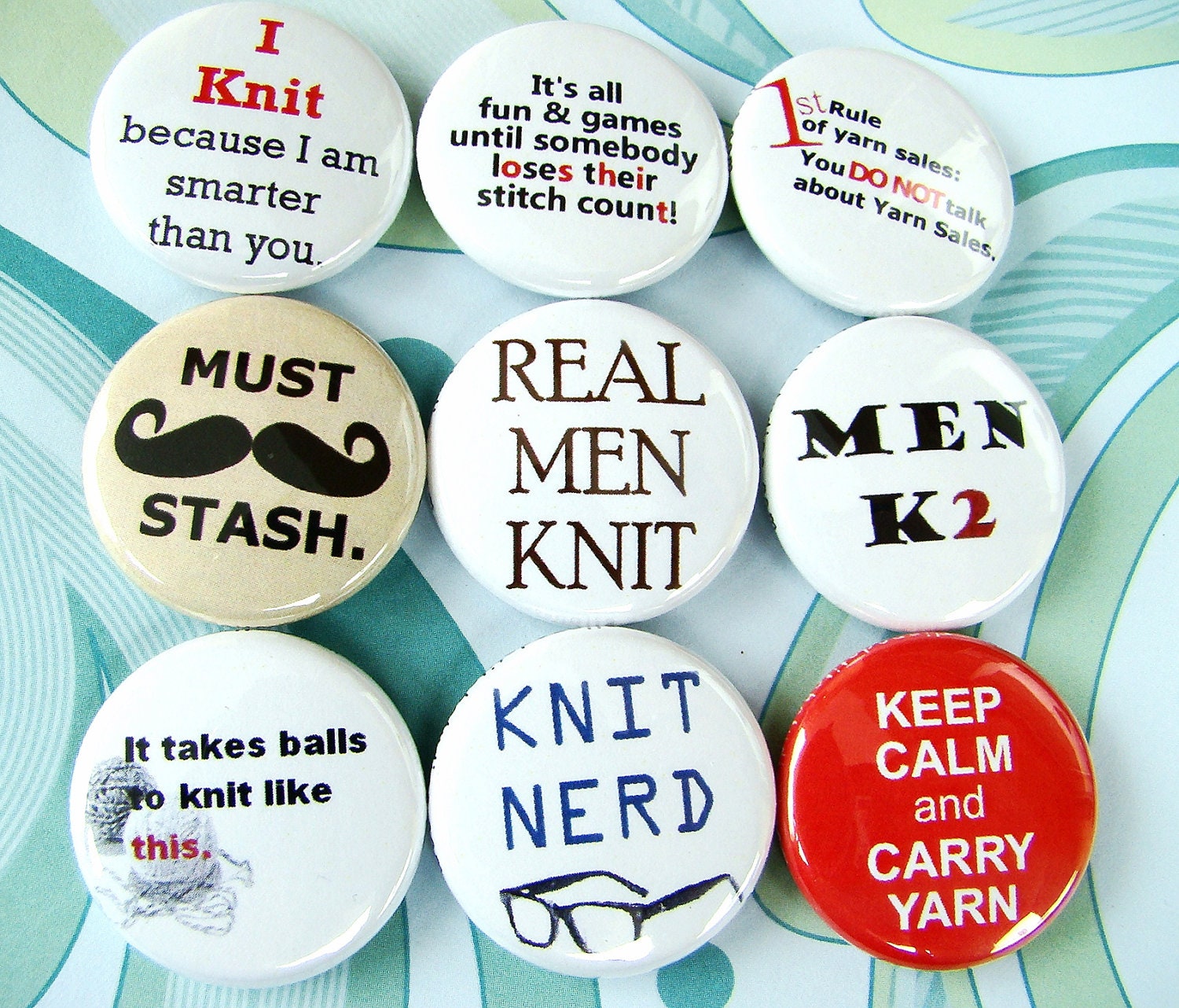 Pin Back Buttons Badges Knitting Funny - Men Knit Flair - Pack of 9