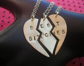 BEST BITCHES Ménage à Trois/THREESOME--Brass Split Heart Necklace, Best Friends Charm Necklaces, Handstamped Necklace, Partners in Crime