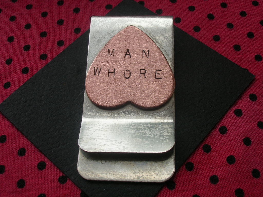MAN WHORE--Hand Stamped Money Clip, Mens Gifts, Gifts for Men, Mens Money Clip, Copper Heart, Manwhore, Metal Taboo, Mature