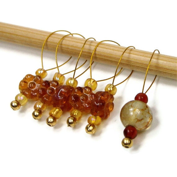 Knitting Stitch Markers Set, Beaded, Snag Free, Amber Flowers, Gift for Knitter, Direct Checkout, TJBdesigns