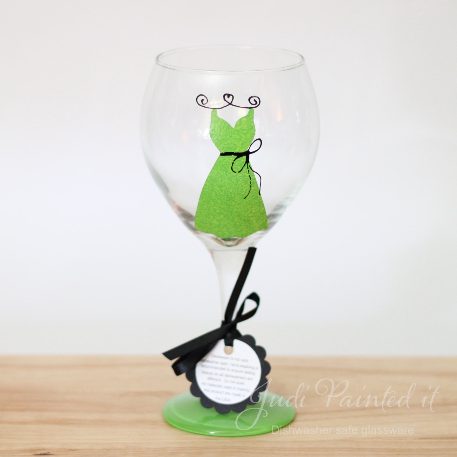 Bridesmaid dress hand painted wine glass in lime green - FREE Personalization and dishwasher safe