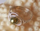 Swarovski Pearl and Sterling Silver Wire Wrapped Ring - Wide Band Wrap Cocktail Ring - Choose Your Color - Made to Order