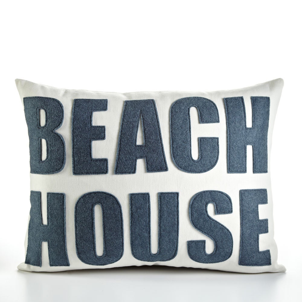 BEACH HOUSE - hemp canvas and recycled felt applique pillow 14" x 18" - more colors available