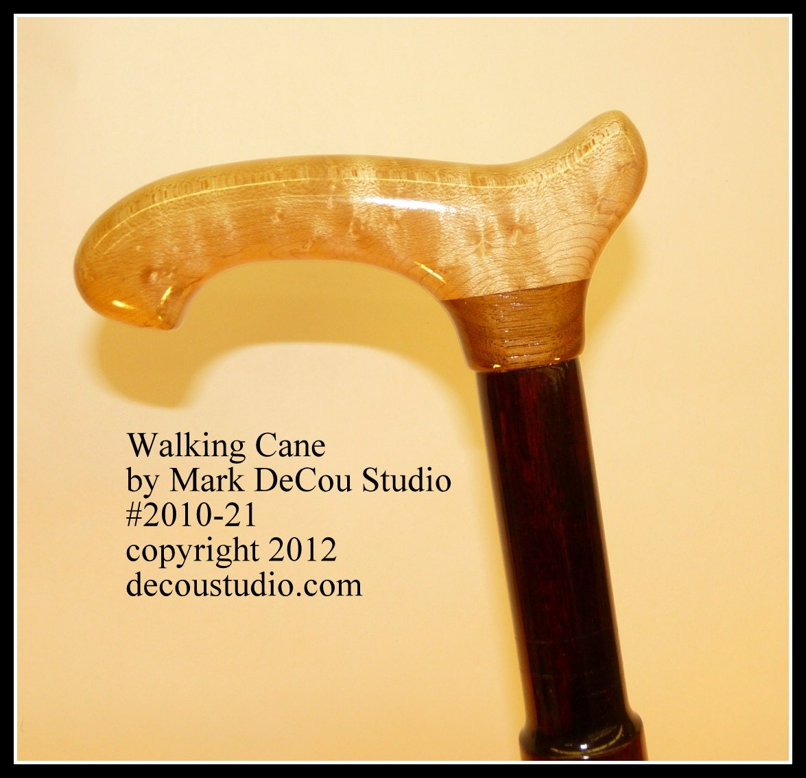 Custom Walking Cane, No. 2010-21, Fancy Barley Twist, SHIPS IMMEDIATELY, Maple Stained Red/Brown Shaft, Birds Eye Maple Derby Style Handle