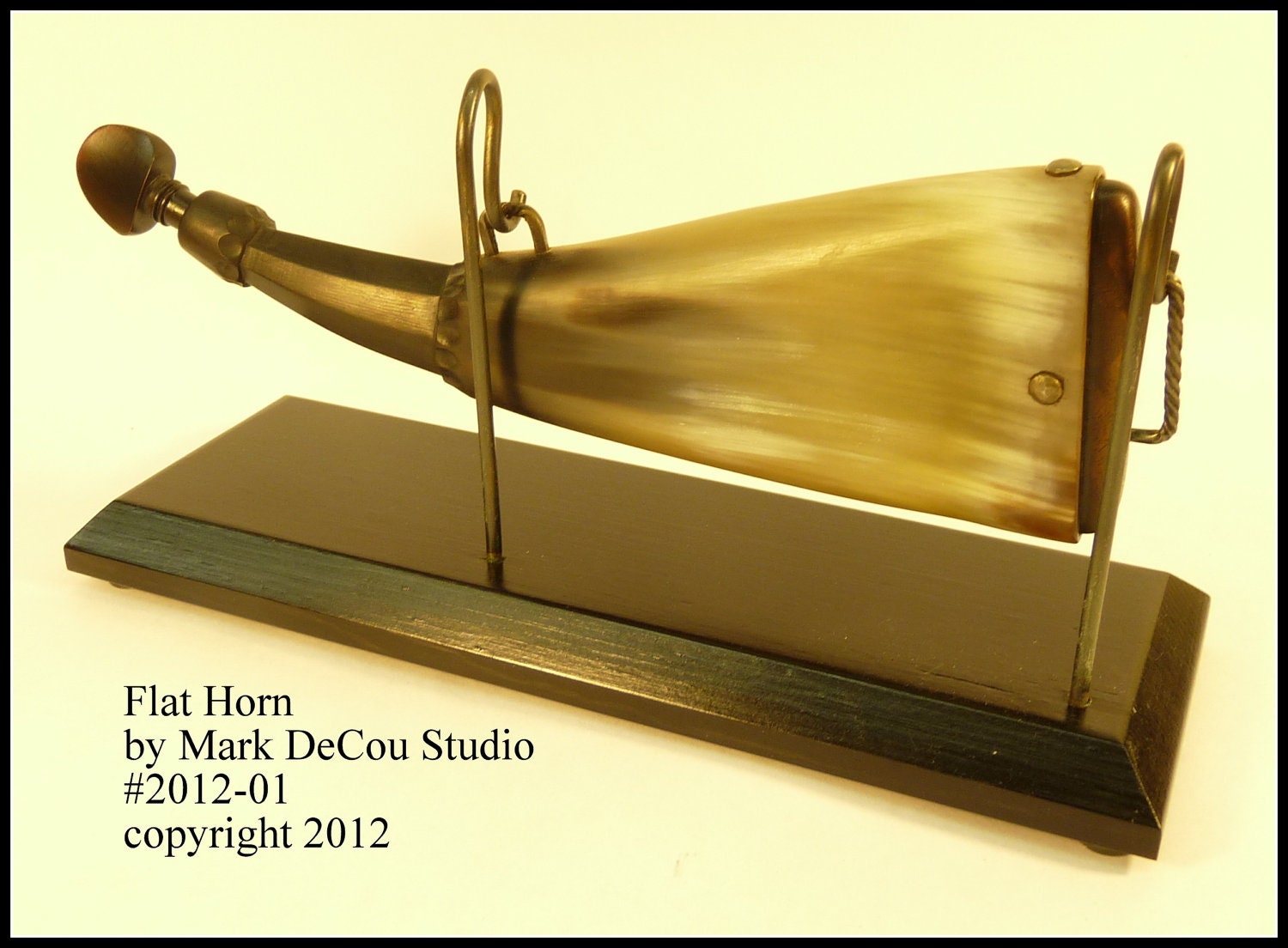 Custom Flat Powder Horn, No. 2012-01, SHIPS IMMEDIATELY, Scrimshaw Art Ready, on Display Stand