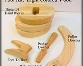 Hat Making Six (6) Piece Hand Tool Kit, Pusher (Runner) Downer, Foot Tolliker, Puller Downer, Three (3) Band Blocks Light Colored Wood