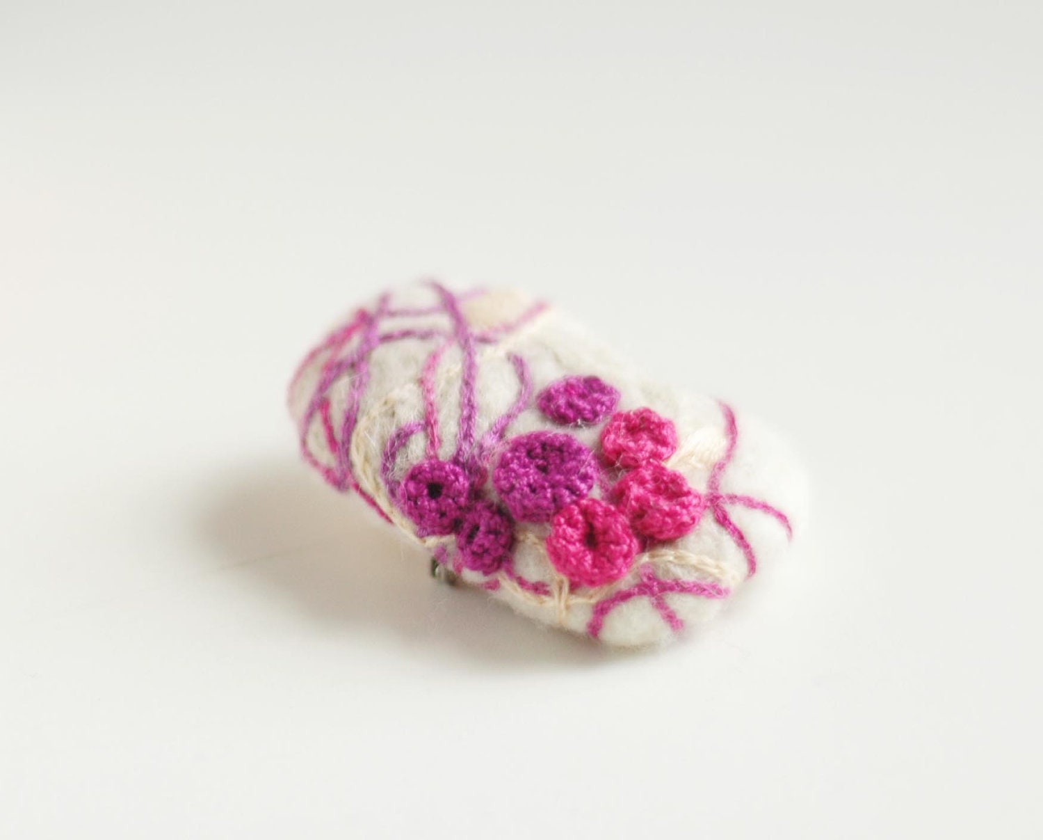 Felt brooch -  white and hot pink pin brooch - unique emboidered jewellry