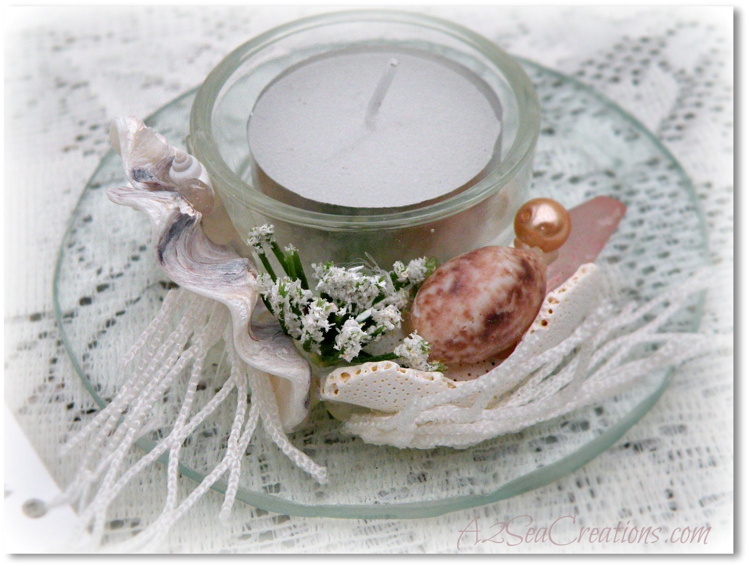 Seashell and Beach Glass Nautical Tealight Candle Holder