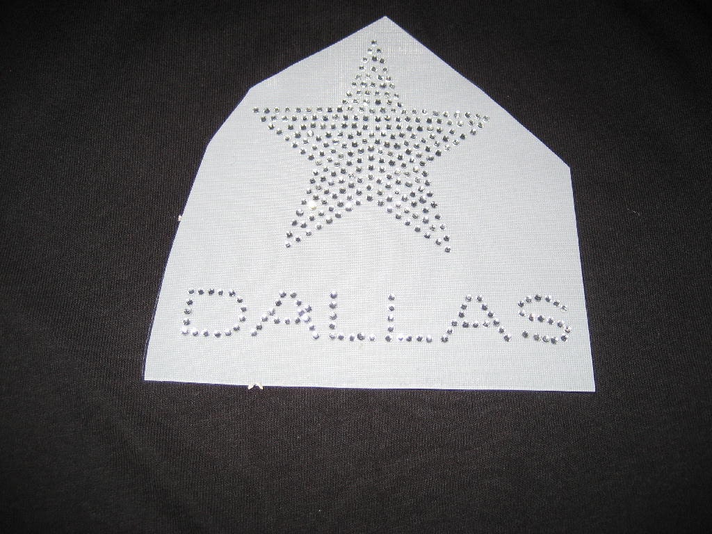 DIY Iron on Transfer for the name of Dallas Texas in Clear Rhinestones with a Star above