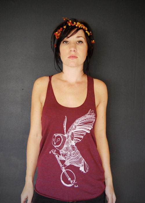 Ghost Banjo - womens owl tri-blend racer back jersey tank top - in Cranberry - by Bark Decor