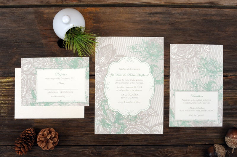 Flower Lace Wedding Invitation - Mint Floral Pattern Elegant Invite