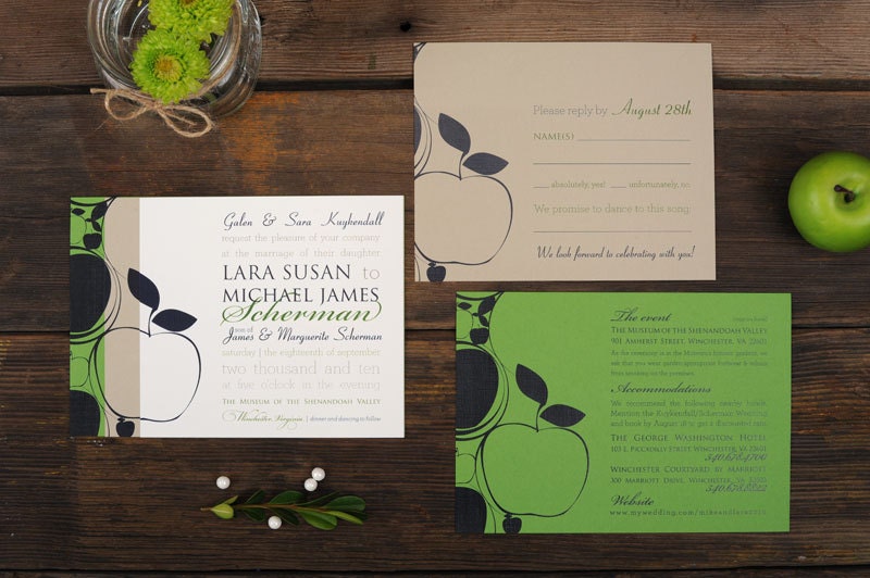 Apple Orchard Wedding Invitations - Green Navy Swirl Set Invite