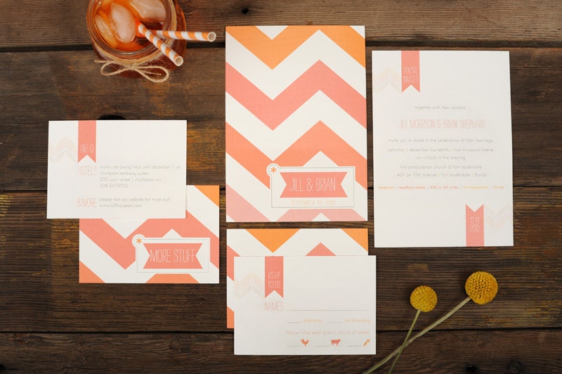 Chevron Wedding Invitation - Pink Ombre Chevron Stripe Pattern Invite