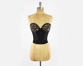 vtg 80s grunge black satin gold silver HAND STUDDED boned BUSTIER corset bra crop top 36 B