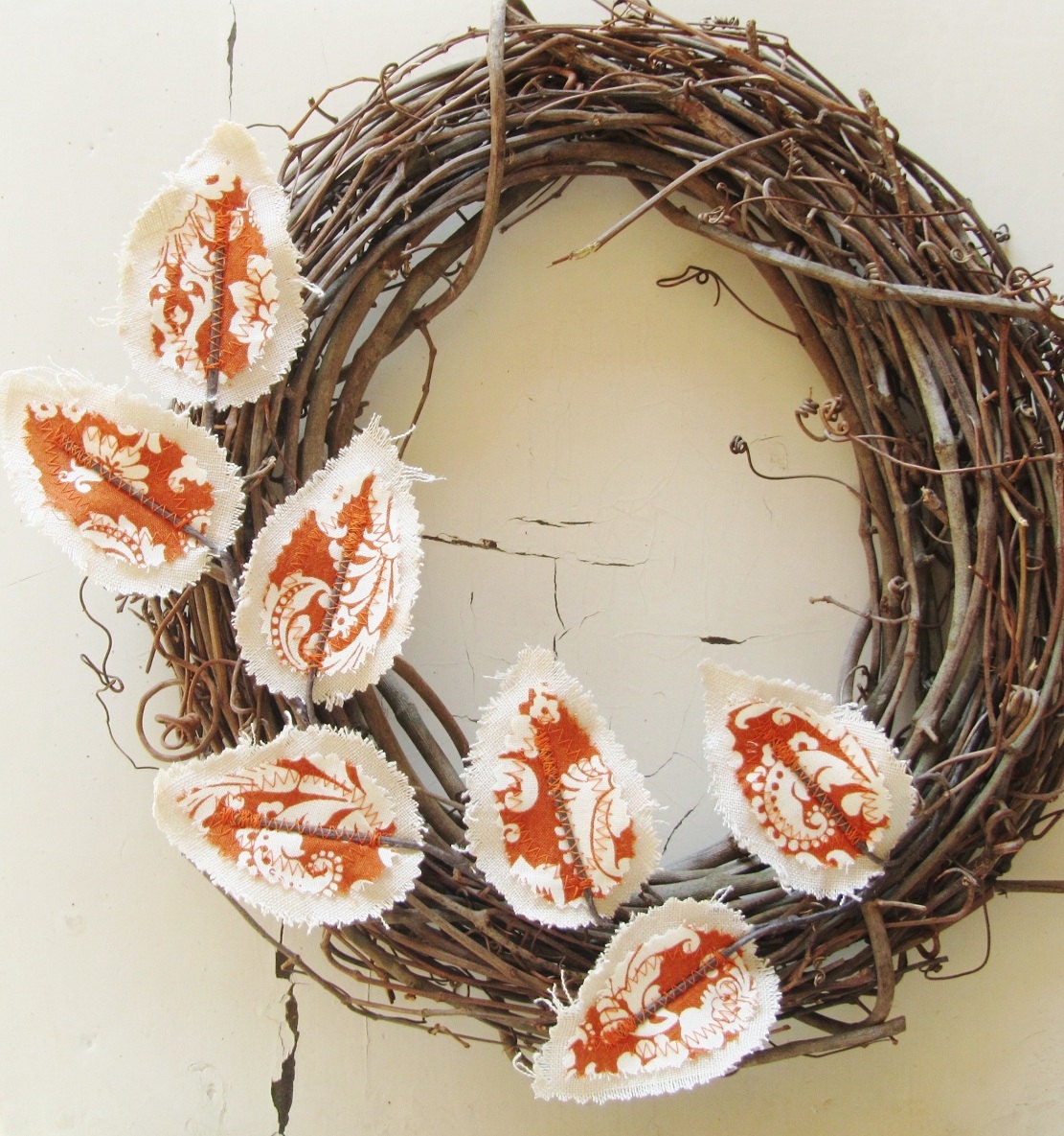 Fabric Leaf Wreath -  Burnt Orange Damask Beige Linen Door Decor
