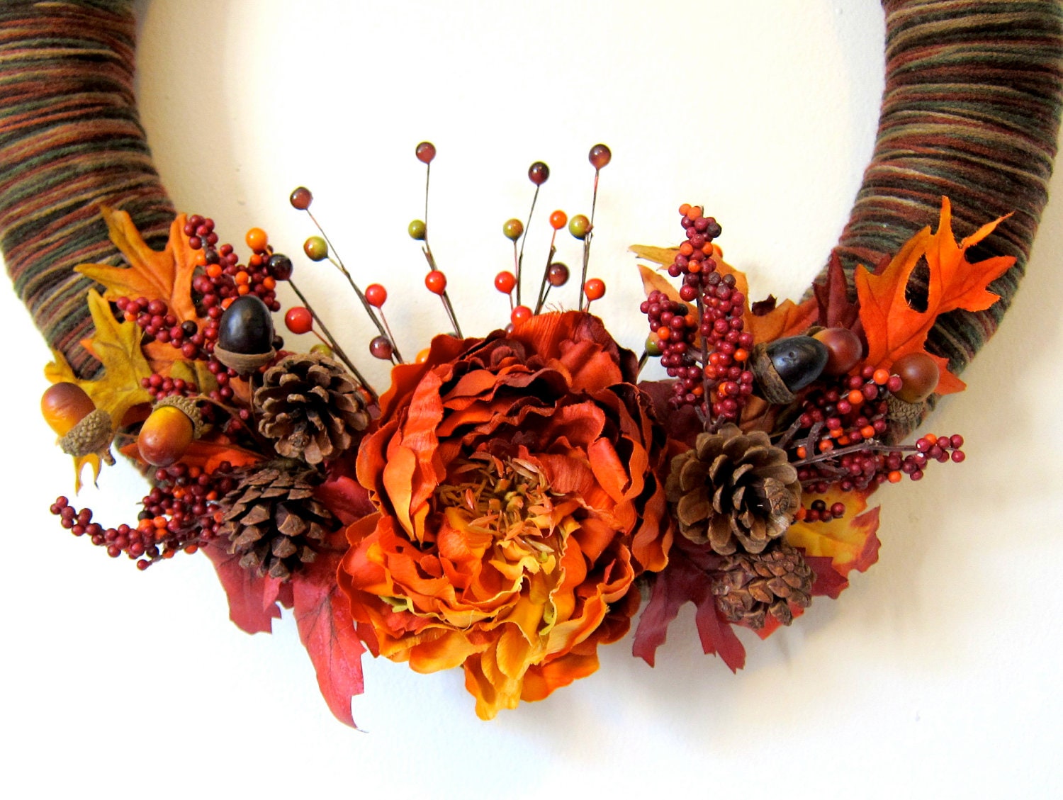 Harvest Wreath - Beautiful Yarn Wreath with Silk Flowers and Naturals - RagamuffinDesign