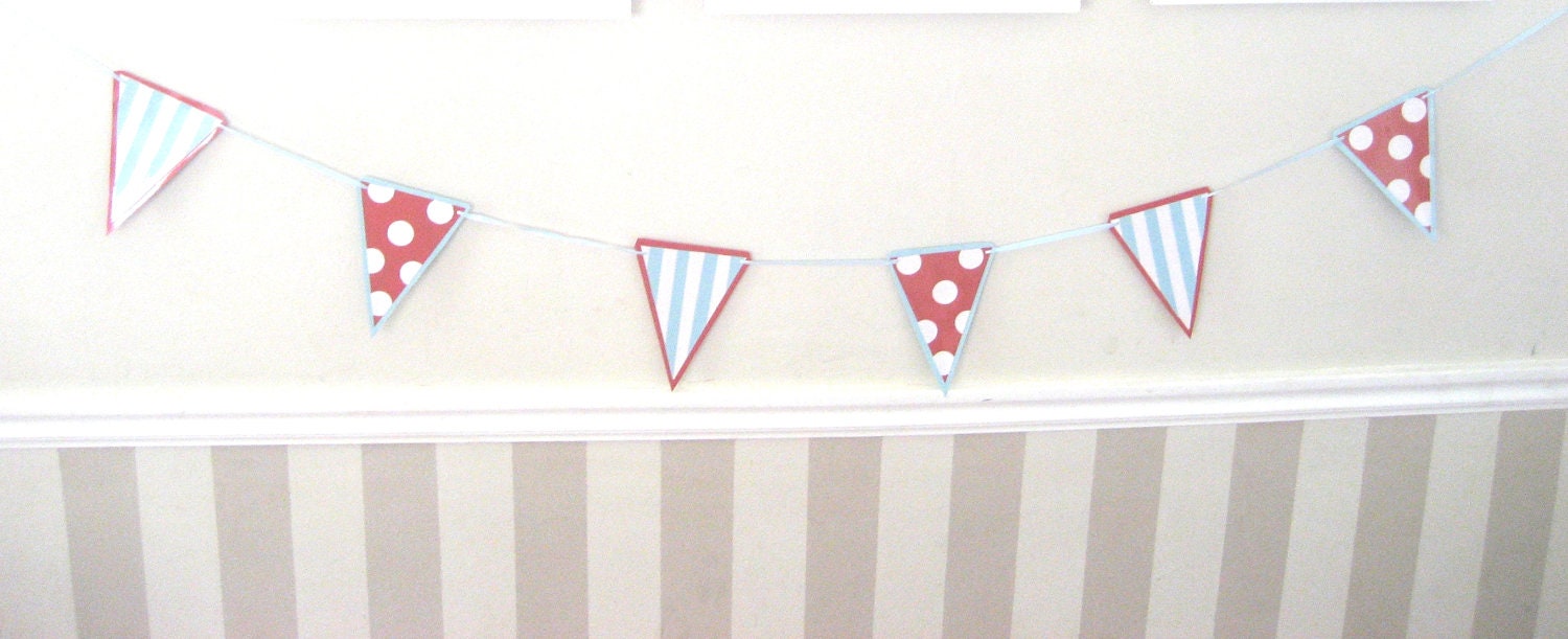Pennant Garland Red White and Baby Blue Stripes and Polka Dots
