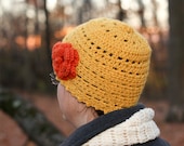 CHURCH HAT SALE Wool Womens Cloche in Mustard Yellow with Orange Rose - Crocheted Beanie for Ladies
