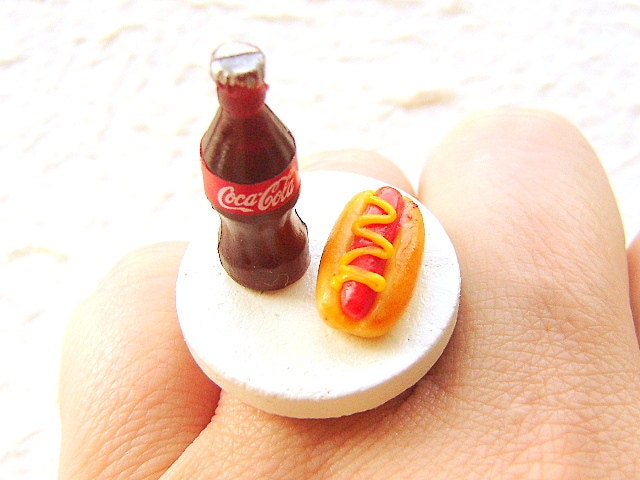 Miniature Food Ring Cola Hot Dog With Mustard Kawaii Food Jewelry