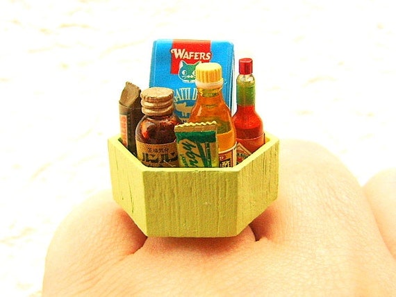 Kawaii Ring College Kids Care Basket  Miniature Food Jewelry
