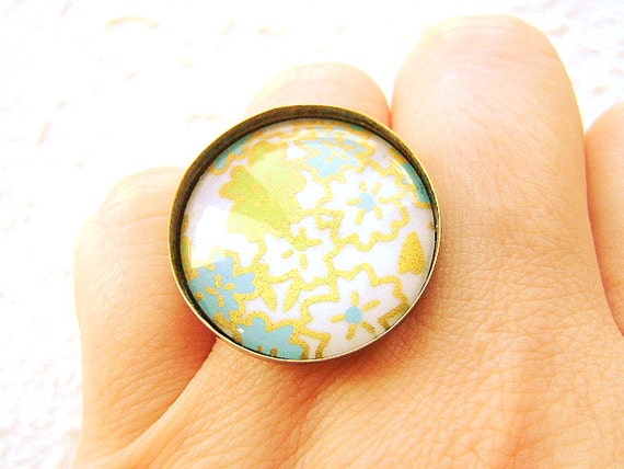 Japanese Ring Yuzen Washi Chiyogami Paper Ring Domed Glass