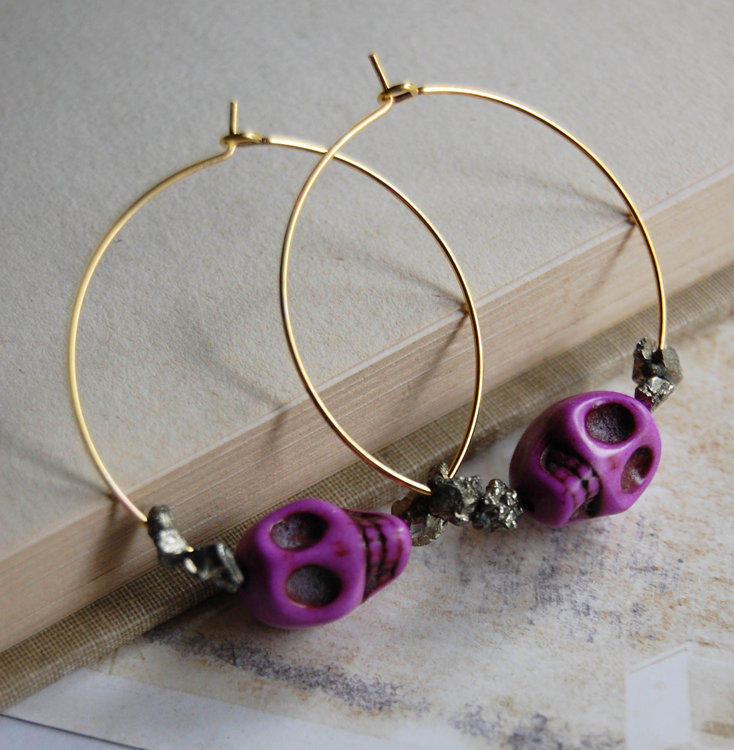 Purple Howlite Skull and Pyrite Stone Gold Hoop Earrings