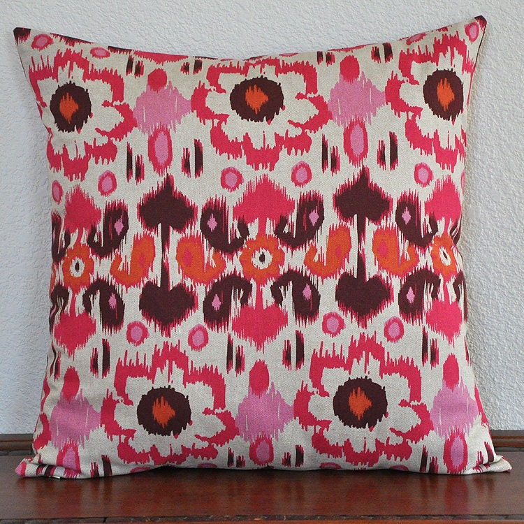 Ikat and Floral Decorative Pillow 20x20 Rose Pink and Natural  Invisible  Zipper