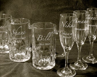 12 Wedding Party Gifts Personalized and Engraved Beer Mugs & Champagne Flutes