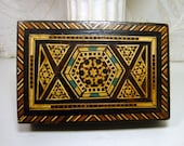 Mid East Bone Wood Inlay Hinged Box, Ivory, Brown Green, Tan,.Exotic, Hand Made Geometric Patterns, Intricate, Classic