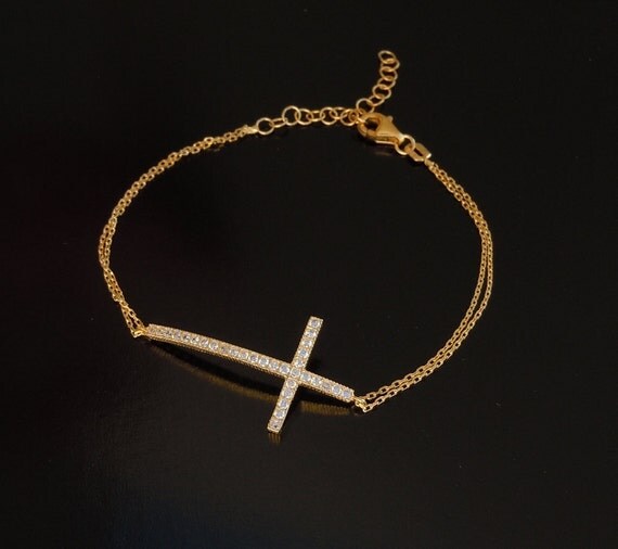 CZ Sideways Cross Bracelet - Gold or Silver