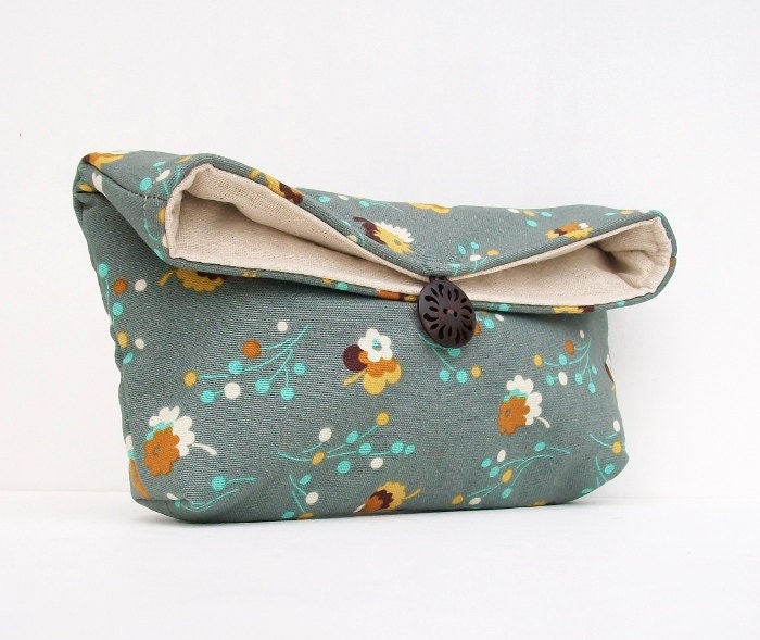 Gold Flowers on Blue Gray Clutch Purse, Makeup Bag, Bridesmaid Gift, Great for Travel, Gift Under 25, Makeup Costmetic Bag