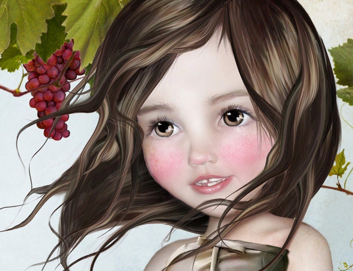5x7 Fine Art Print - "sombrer dans" - Little Vineyard Girl - Dark Brown Haired Girl with Red Grapes - Art by Jessica Grundy