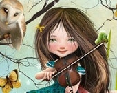 5x7 Art Print "Uma" Dark Haired Girl playing Violin - Alice in Wonderland Themed Painting Premium Giclee Fine Art Print