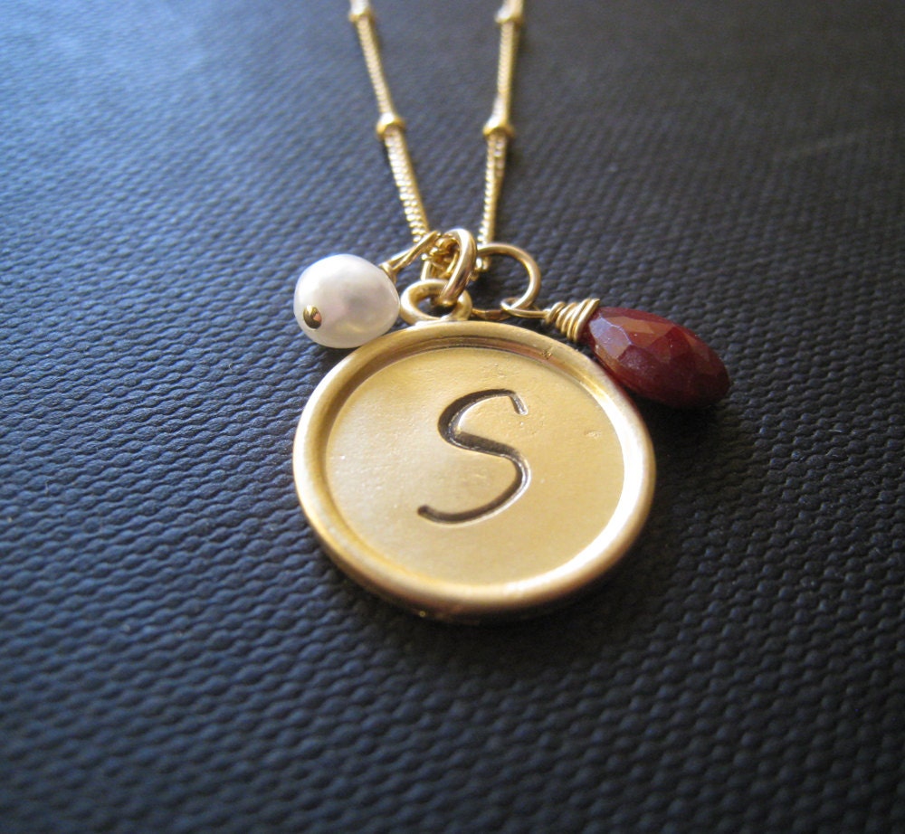 Birthstone initial necklace, gold rimmed disc necklace, monogrammed gifts, personalized bridesmaid necklace