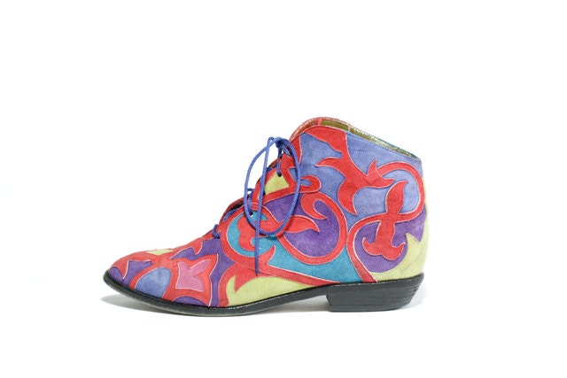 Vtg Multi Color Patchwork Ankle Boots 6