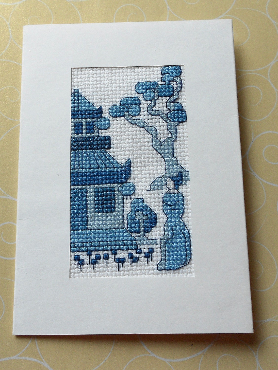 Oriental Building & Woman Cross Stitched Greeting Note Card
