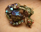 Gorgeous Vintage HAR Enamel Rhinestone Dragon brooch HUGE aurora borealis stones
