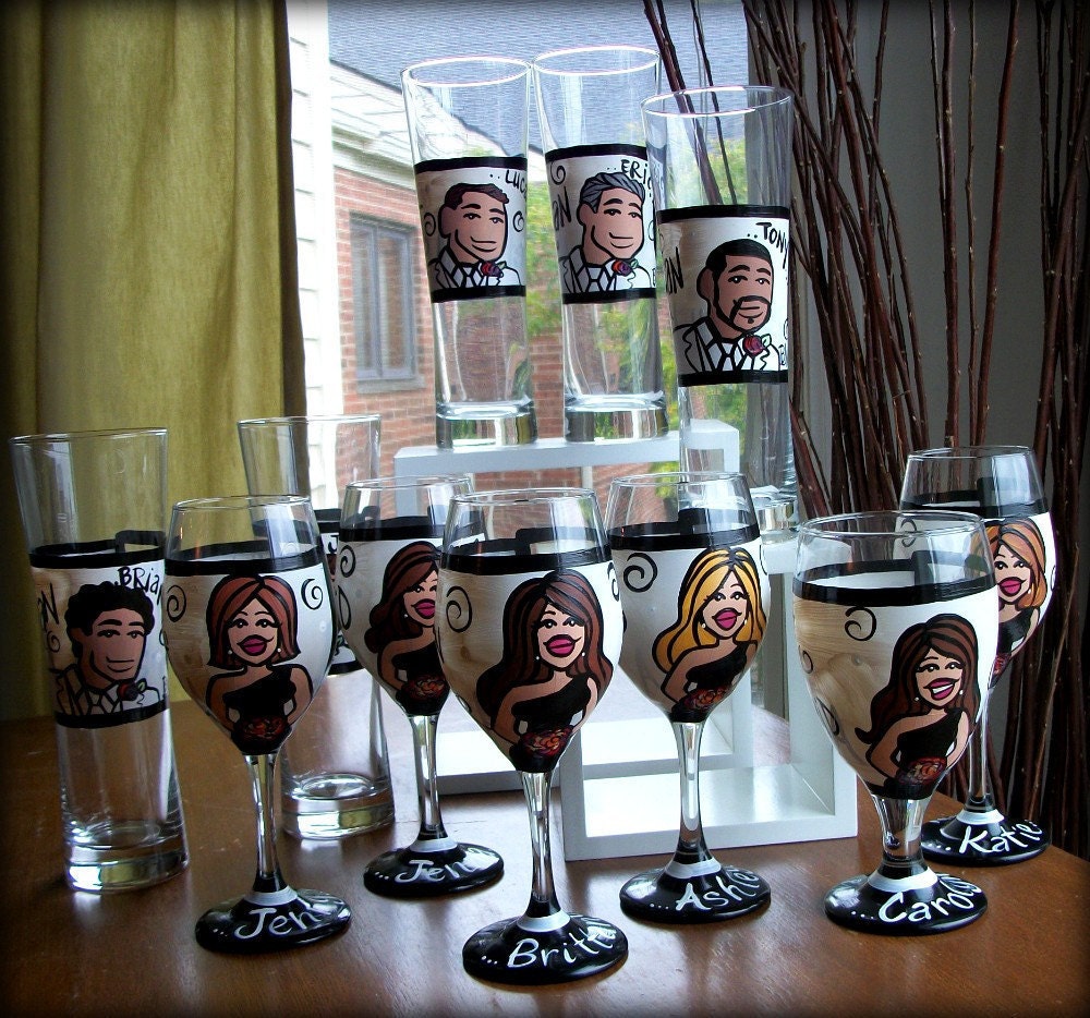 Bridal Party (6 glasses) Custom Hand Painted Wedding Glassware