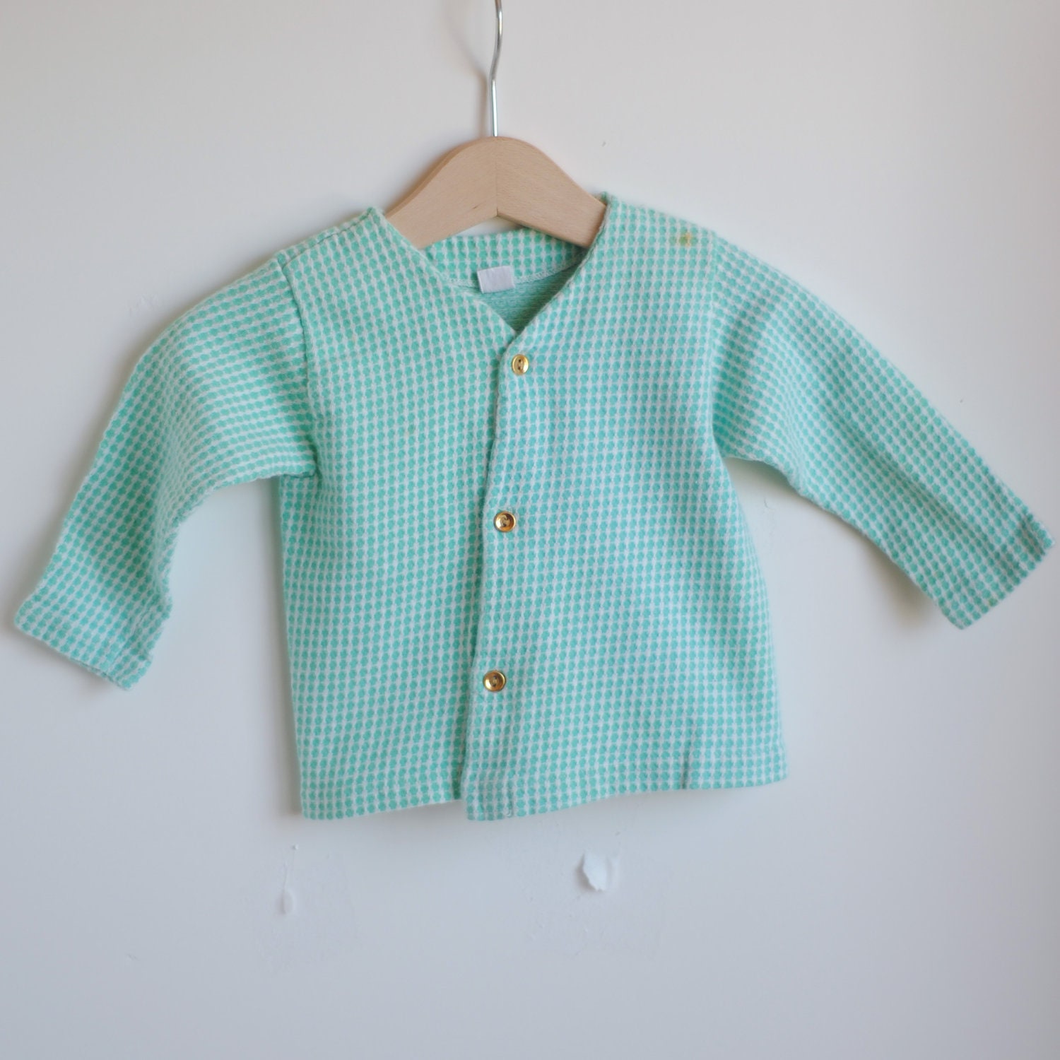Vintage Baby Boy Knit Cardigan - MINT and White Gold Buttons (9-12m)