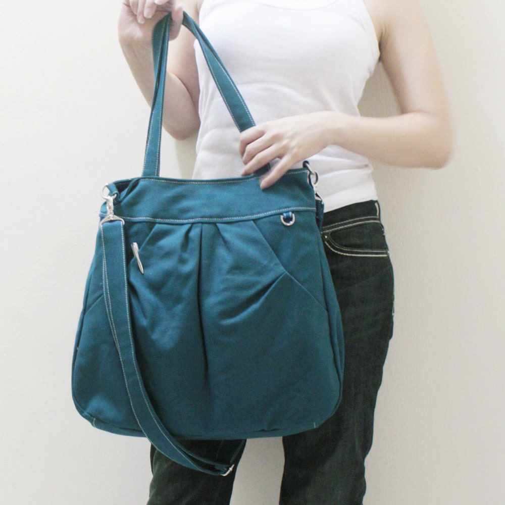 MAY Sale - Dark Teal Canvas Women Shoulder bag, Messenger, Tote, Everyday Purse, School bag, Handbag - Pleated Hoodie Bag