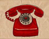 old red telephone-Digital Image Sheet -Original Illustrate Drawing  A4 Print transfer on Pillows, t-shirts, scrapbook, lampshades  ETC.v
