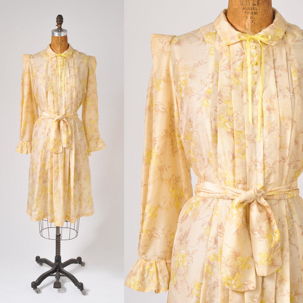 1970's Yellow Prairie Dress - Sweet Pale Morning Sheer Yellow Floral Dress