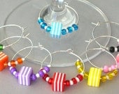 8 rainbow wine charms, striped multicolor cubes, wine glass charms, dining & entertainment barware, Hostess party gift