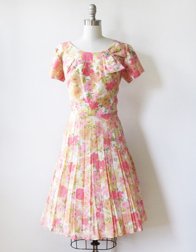 vintage 1950s dress / pink floral rhinestone 50s party dress