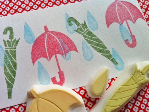 umbrella rubber stamp. hand carved stamps. hand carved rubber stamp. set of 3.