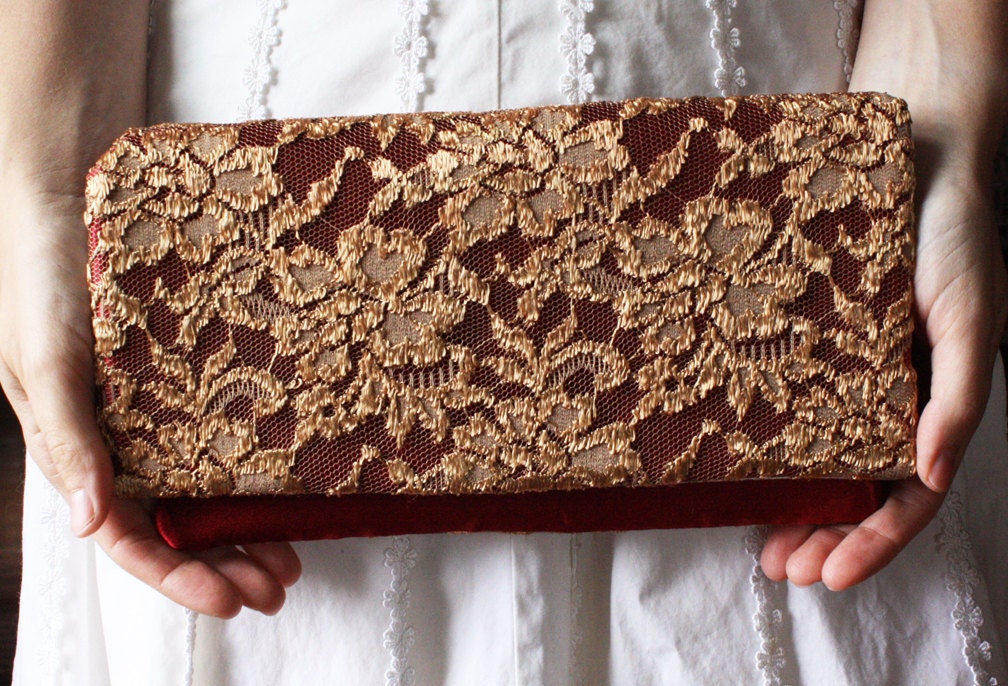 7 Gold Bridesmaid Clutches - Gold Lace and Cranberry Red Satin - Wedding Clutch Purse - Bridesmaid Gift Idea